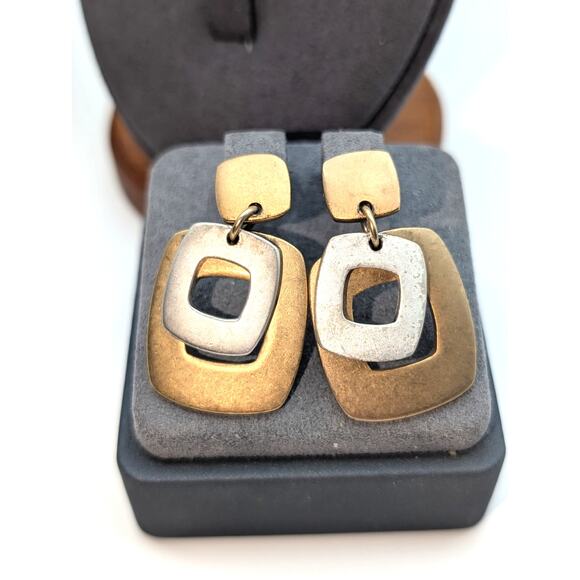 Premier Design Two Tone Square Drop Dangle Post Earrings - Picture 4 of 4